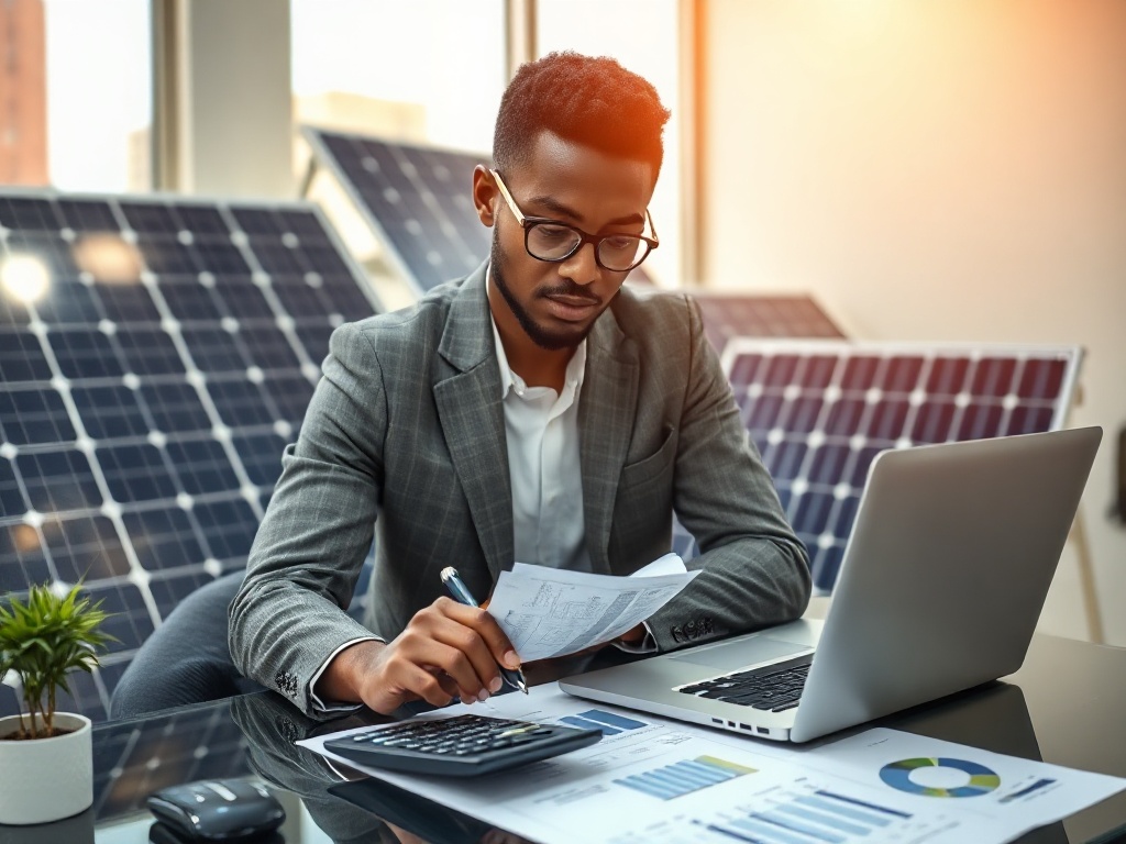 Professional solar business specialist reviewing solar panel pricing, tariffs and import duties documentation with calculator and laptop