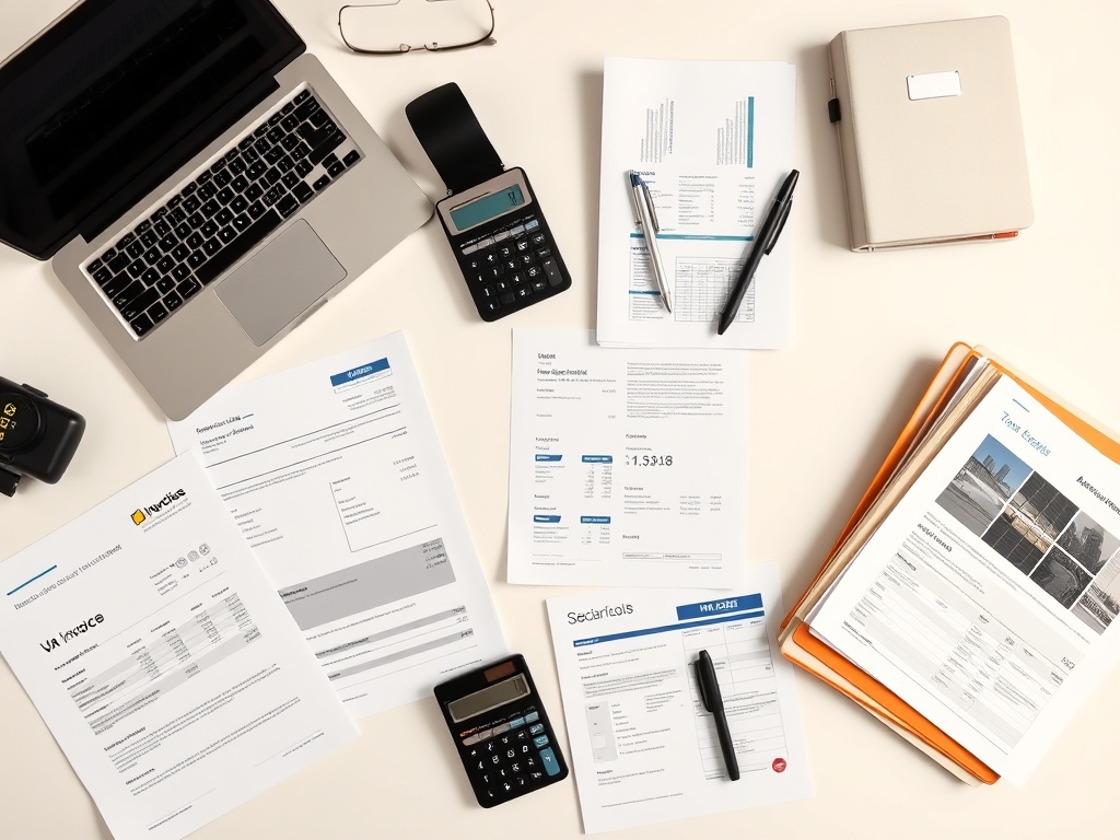 Top-down view of organized desk workspace with VAT invoices, tax documentation, financial records, calculator, and solar equipment specification sheets