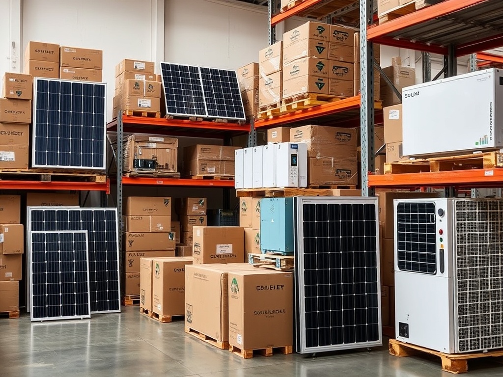 Professional solar equipment warehouse inventory management showing organized storage and supply chain logistics