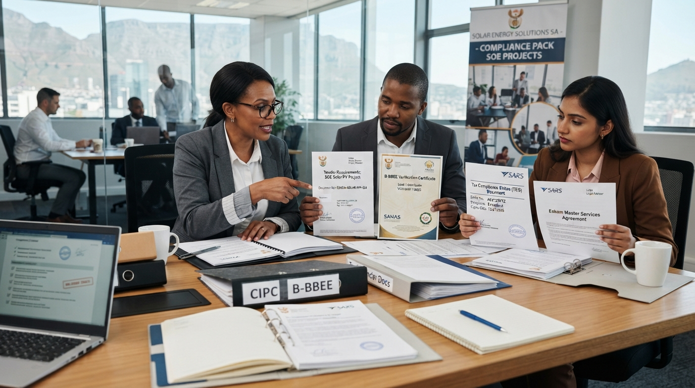 Professional South African business team reviewing government solar contracting compliance documentation including CIPC registration, B-BBEE certificates, and tender requirements