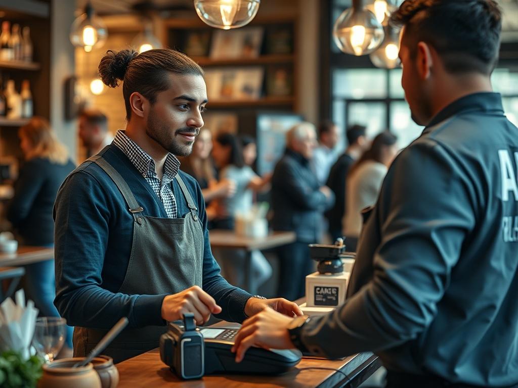A professional team member assisting a restaurant owner at the
