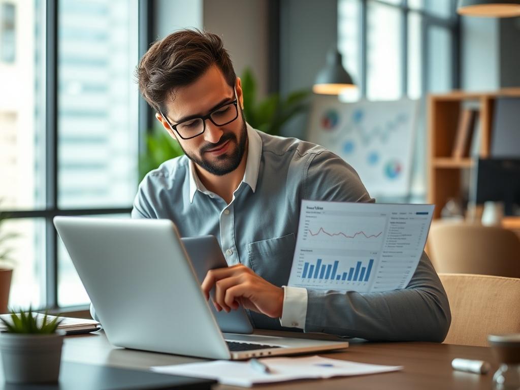 A detailed shot of a business owner reviewing sales analytics