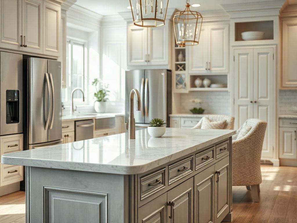 Create a realistic high-resolution photo that visually represents the concept of budgeting for a kitchen remodel. The composition should feature a beautifully designed kitchen with modern elements, focusing closely on a stylish kitchen island as the central subject. The island should be adorned with elegant finishes, such as quartz countertops and custom cabinetry. 

In the background, showcase a well-organized kitchen space, highlighting various features that reflect the major cost drivers of a remodel. In