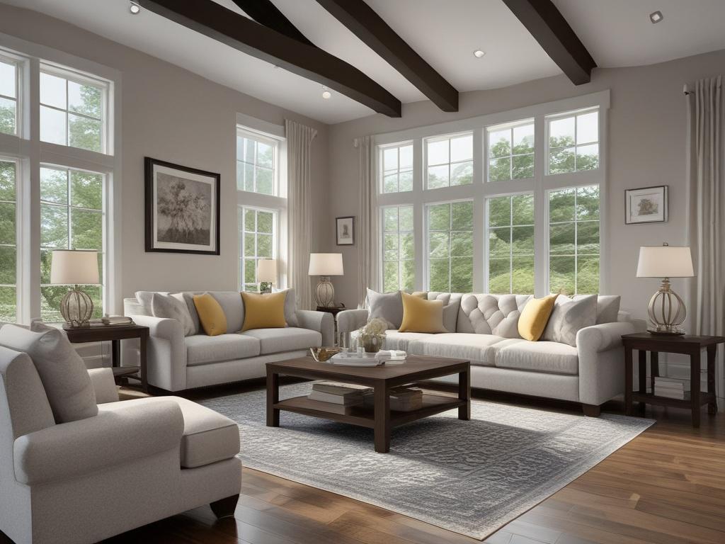 Generate a realistic high-resolution image showcasing the interior of a beautifully remodeled home in Malvern, Pennsylvania. The composition should highlight a spacious, open-concept living area that blends modern aesthetics with classic charm. Focus on elegant architectural details, such as crown molding and recessed lighting, which enhance the overall ambiance.

In the foreground, include a stunning, contemporary kitchen featuring sleek cabinetry, stainless steel appliances, and an inviting island with st