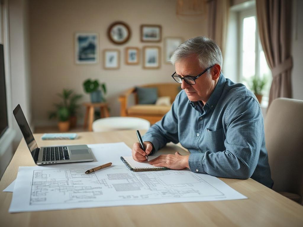 Create a highly detailed, realistic high-resolution photo of a focused and thoughtful homeowner engaged in the early planning stages of a home renovation. The subject should be seated at a clean, well-organized table, surrounded by blueprints, design sketches, and a laptop displaying renovation software or artistic renderings. The homeowner, a middle-aged individual with an expression of concentration, should be jotting down notes on a notepad.

In the background, include soft, natural lighting coming in th