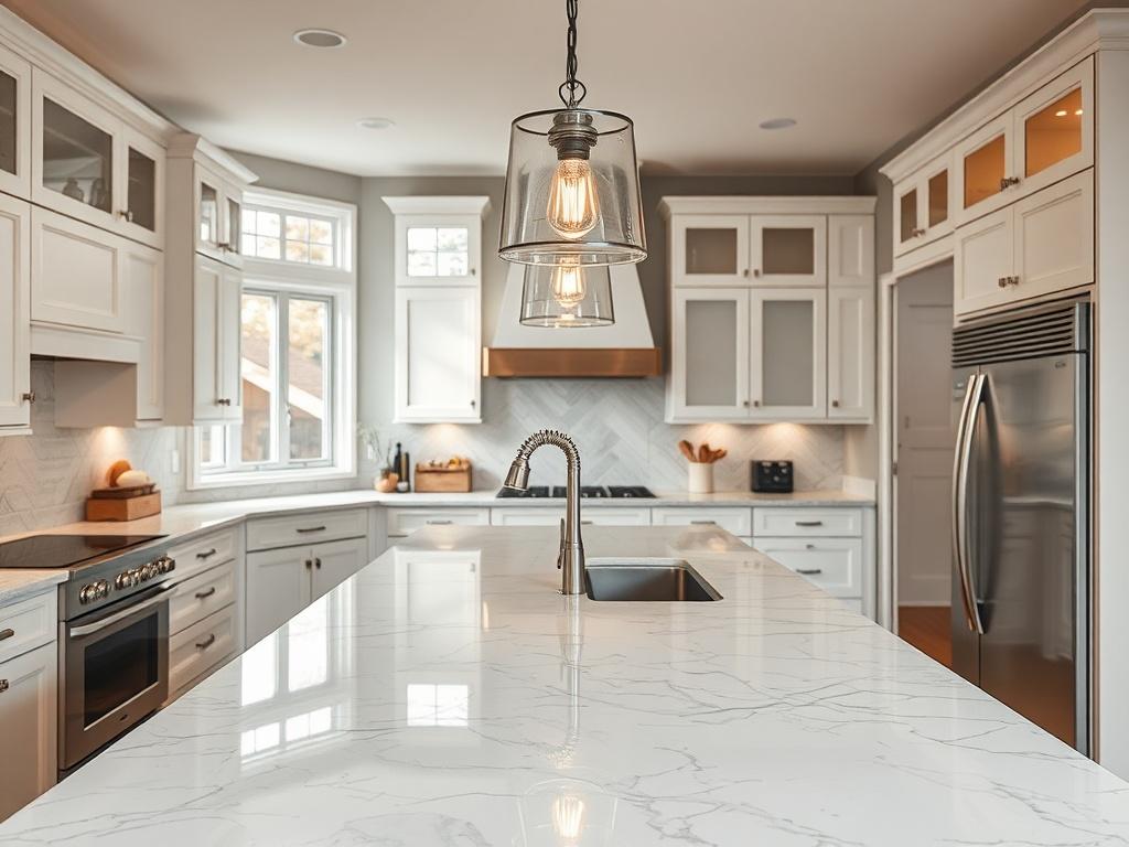Create a realistic high-resolution photo that illustrates the complexity of kitchen remodeling timelines. The image should feature a beautifully designed kitchen space as the central subject, showcasing high-end finishes and state-of-the-art appliances. The focal point should be a stunning kitchen island with a marble countertop, accentuated by elegant pendant lighting above.

The background should depict an inviting atmosphere, highlighting the thoughtful layout of the kitchen, including cabinetry, a styli