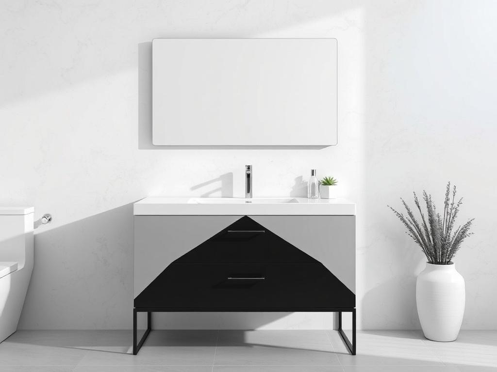 Create a realistic high-resolution photo that embodies the theme "Modern Bathroom Remodel Ideas for a Sleek, Minimalist Look." The composition should be simple and clear, featuring a single modern bathroom vanity as the subject. Design the vanity with bold geometric shapes, incorporating a frameless glass mirror above it. The color palette should consist of monochrome tones—varying shades of white, gray, and black— to evoke a contemporary feel.

In the background, include a seamless wall with a smooth textu