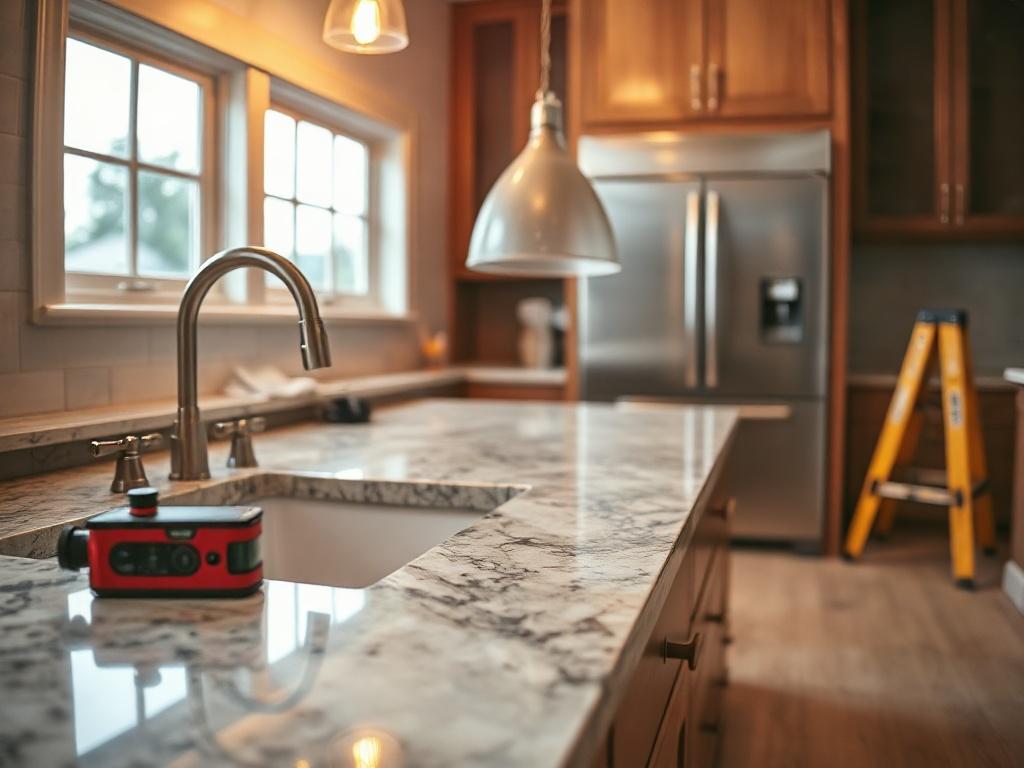 Create a realistic high-resolution photo that captures the essence of fine remodeling and construction services, emphasizing superior craftsmanship. The composition should feature a striking close-up shot of a beautifully designed kitchen or bathroom showcasing high-end materials and finishes, such as polished granite countertops or custom cabinetry with intricate woodwork. Use a 45mm f/1.2 lens style to achieve a sharp focus on the subject while creating a soft, blurred background that enhances the image's
