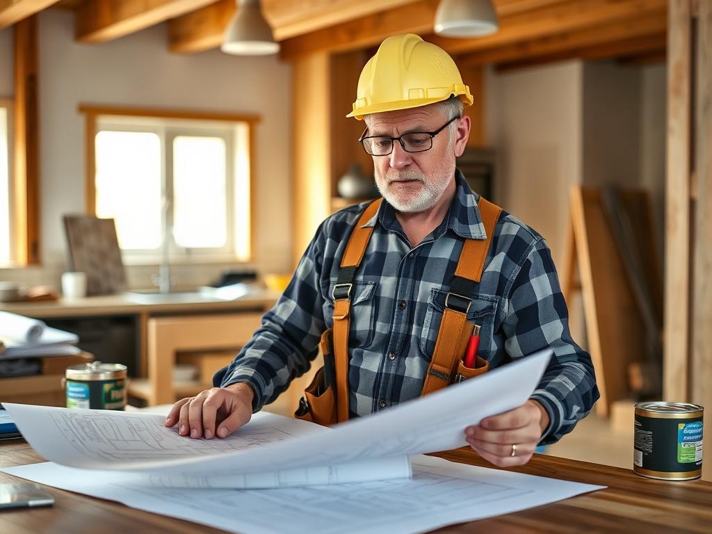 Create a realistic high-resolution photo featuring a professional general contractor in a home renovation setting. The subject should be a focused, middle-aged contractor, wearing a hard hat and a tool belt, reviewing blueprints on a worktable in a partially renovated kitchen. The contractor should have a thoughtful expression, conveying expertise and confidence. 

In the background, include visible construction materials like wood beams, tiles, and paint cans, symbolizing the renovation process. The lighti