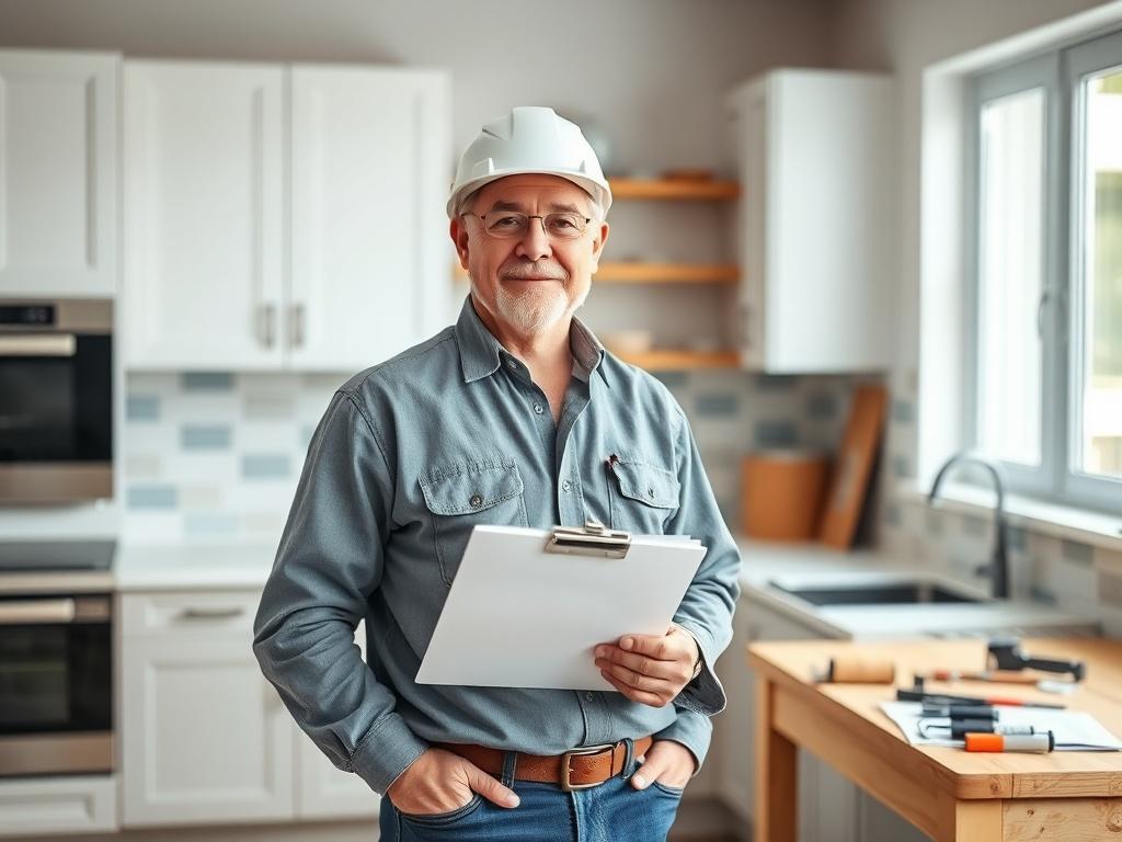 Create a realistic high-resolution photo of a trustworthy general contractor standing confidently in a well-lit, modern home renovation setting. The contractor, a middle-aged individual with an approachable demeanor, is dressed in a professional outfit, holding a clipboard and a pen, symbolizing preparedness and expertise. The background should feature a partially renovated kitchen, showcasing fresh cabinetry, trendy tile work, and tools neatly arranged on a workbench, creating a sense of an active renovati