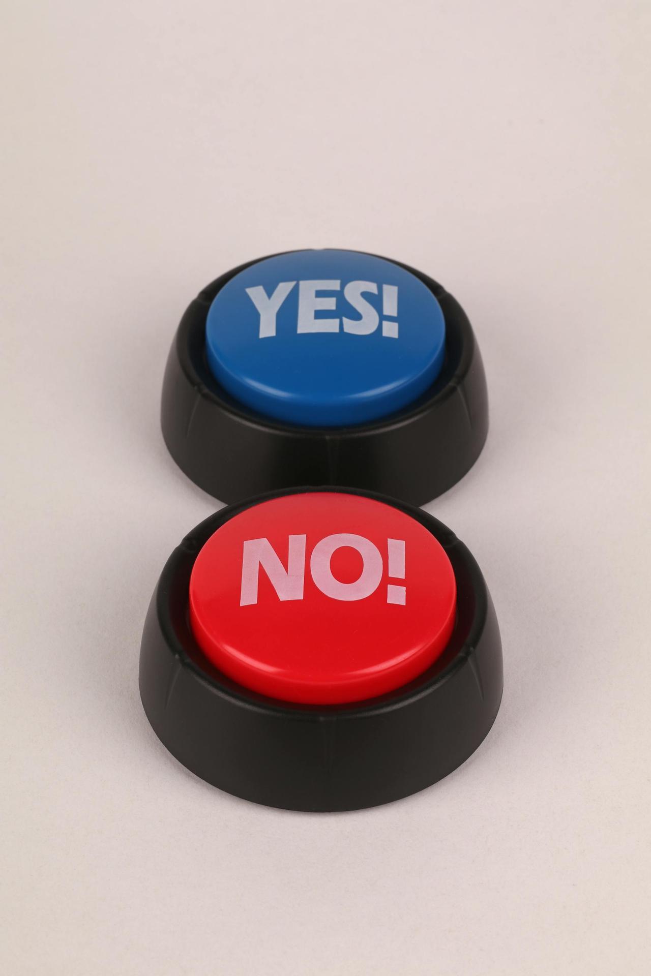 Red and blue push buttons labeled YES and NO, symbolizing choices and decisions.