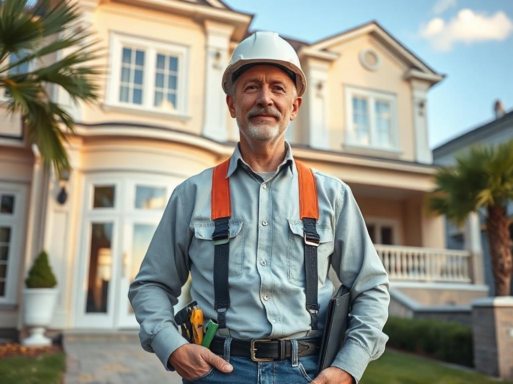 Create a realistic high-resolution photo that captures the essence of selecting the right general contractor for a high-end renovation. The composition should feature a confident, professional general contractor standing in front of a beautifully renovated luxury home, showcasing their craftsmanship. The contractor, a middle-aged individual, is dressed in smart work attire, with a clipboard in one hand and tools visibly tucked into a tool belt, symbolizing expertise and preparedness. 

The background should