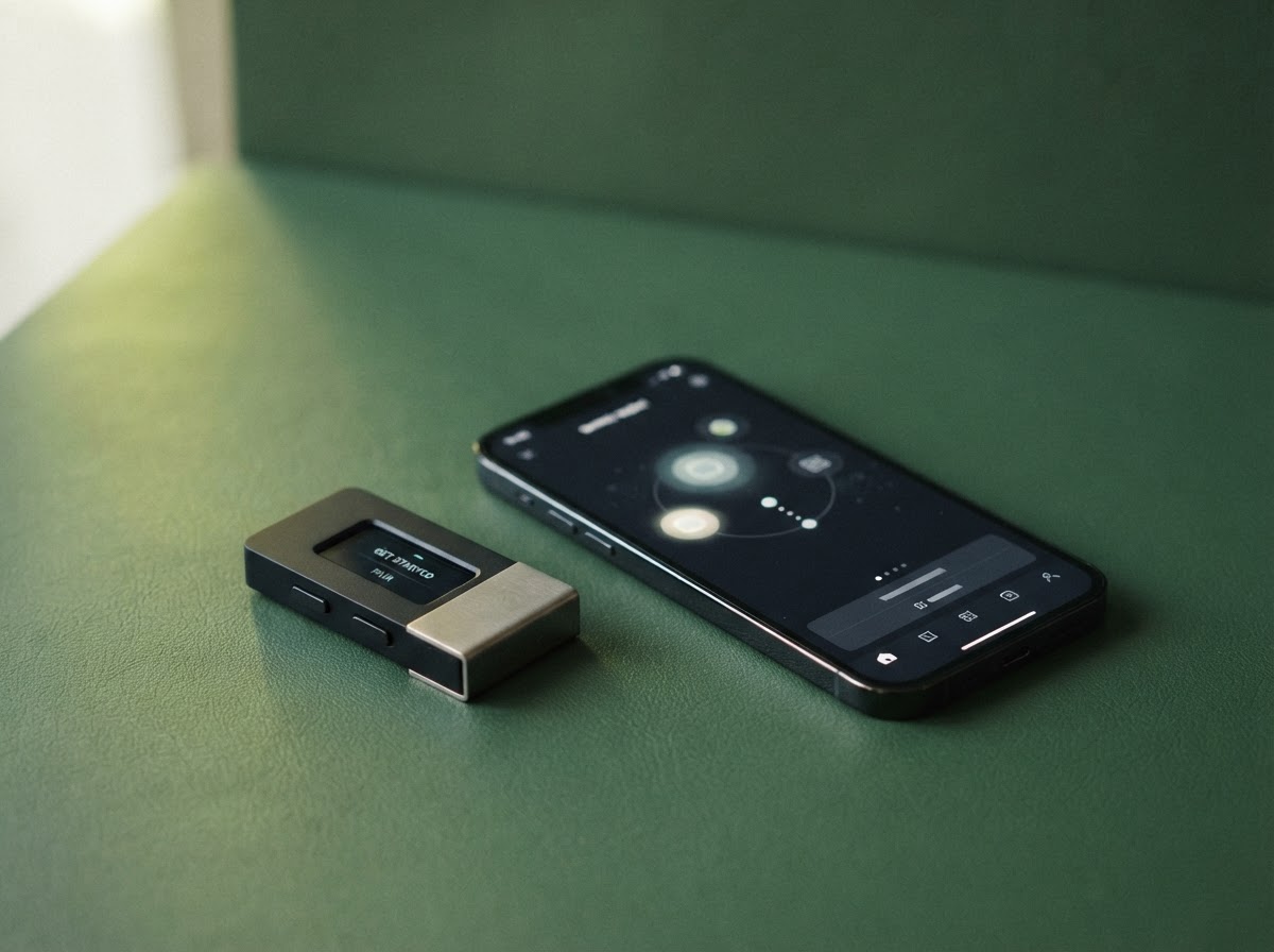 A hardware wallet and phone arranged on a deep green surface