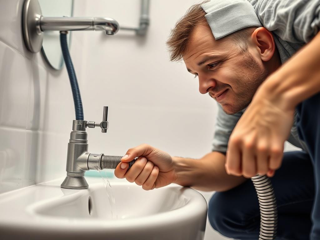 A close-up shot of a plumber unclogging a drain with a high-quality plumbing snake tool in a residential bathroom. The plumber is focused, demonstrating expertise and precision. The background is slightly blurred, emphasizing the action and tools in use, with a clean and well-lit environment.
