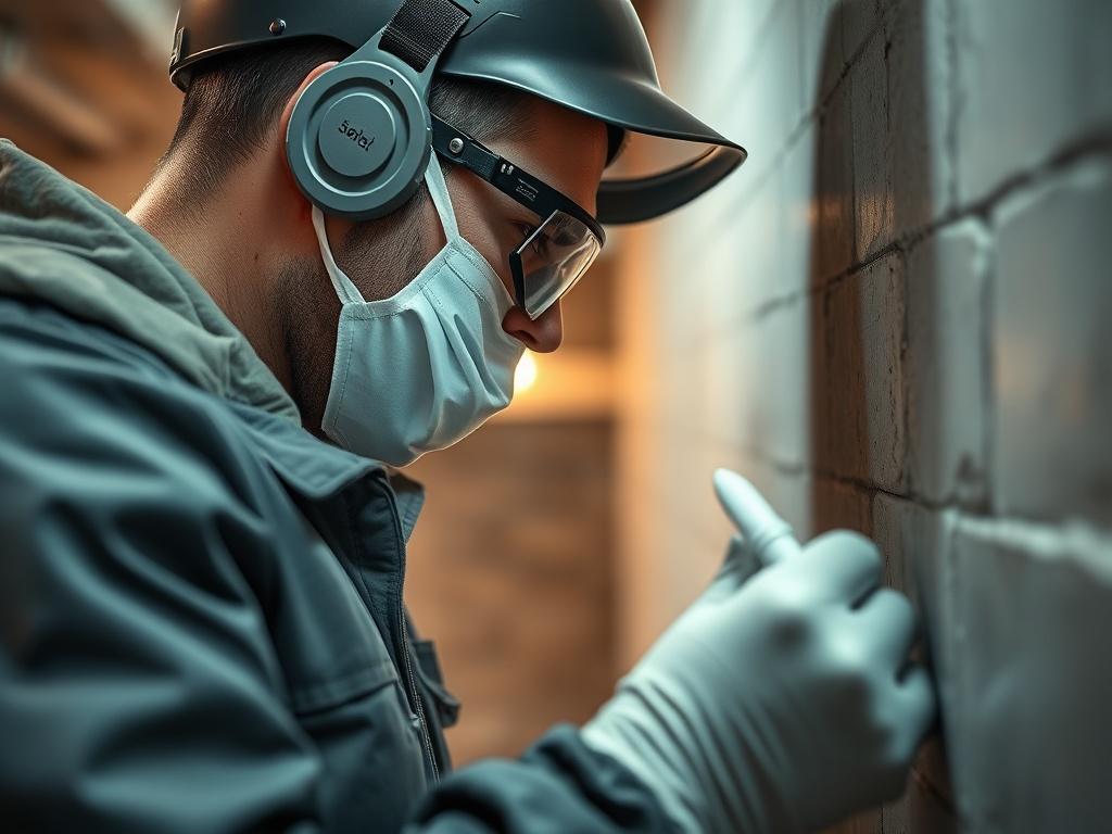 A close-up image of a waterproofing expert applying sealant to a basement wall, demonstrating precision and care. The expert is equipped with protective gear, focusing on ensuring a thorough application. The background features a well-lit basement, showcasing the importance of waterproofing in maintaining a safe environment.