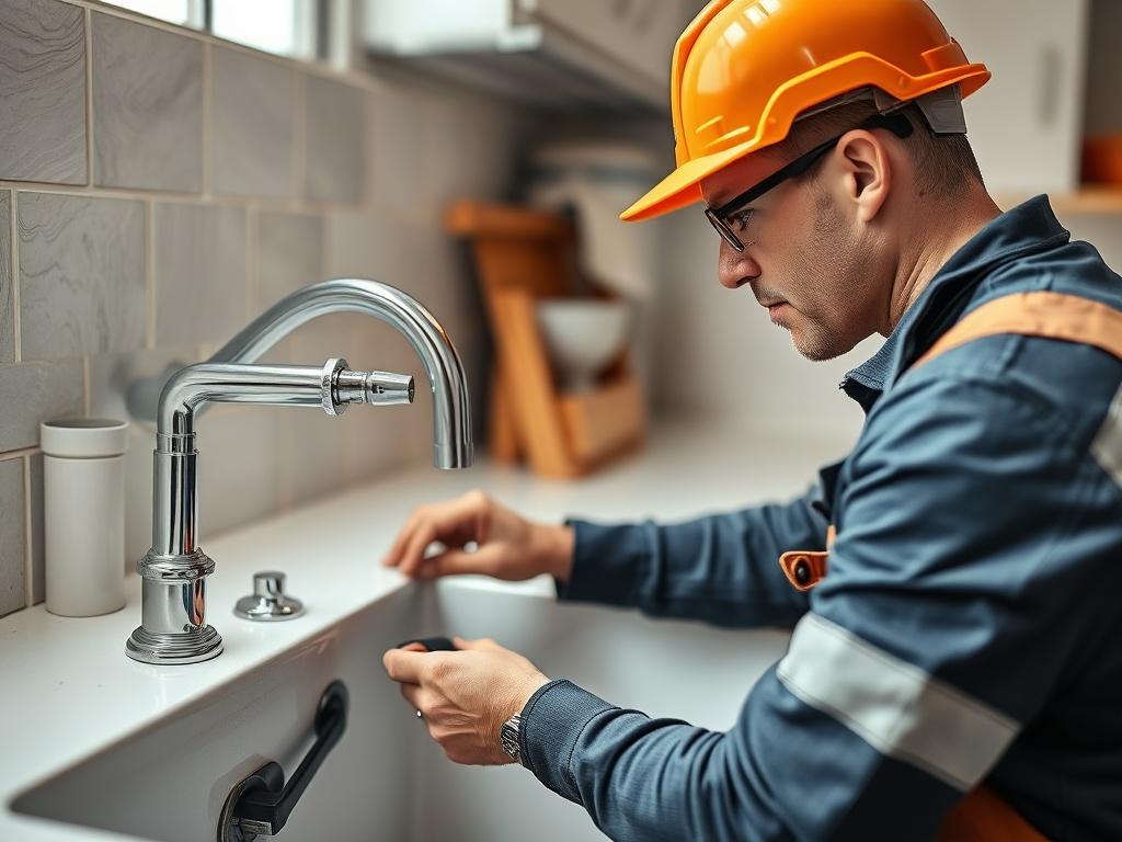 A high-resolution image of a plumber installing a new kitchen sink, showcasing the intricate details of plumbing work. The plumber is in action, wearing safety gear and focused on the task. The background features a well-organized kitchen environment, highlighting cleanliness and professionalism.