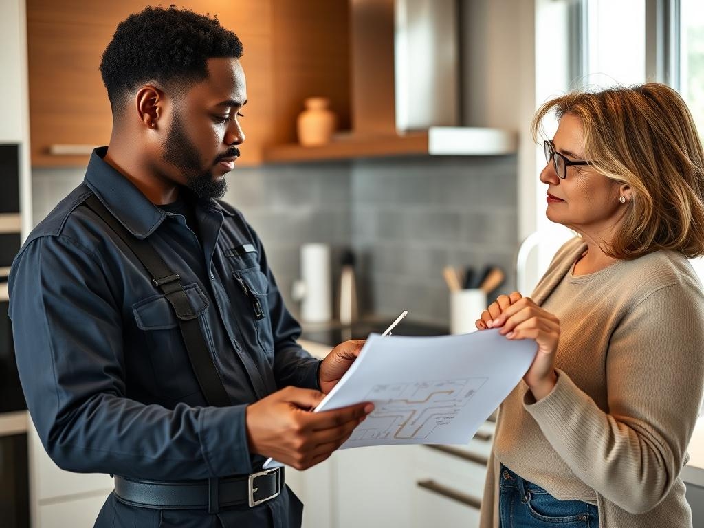 A highly detailed shot of a Black plumber consulting with a customer in a modern kitchen. The plumber is dressed in a uniform, holding a clipboard and pointing to a plumbing diagram. The customer, a middle-aged woman, is attentively listening and looking at the plan. The kitchen has contemporary design elements, with bright lighting and clean surfaces. The background should include kitchen appliances, a sink, and plumbing fixtures, providing a realistic setting for the consultation.