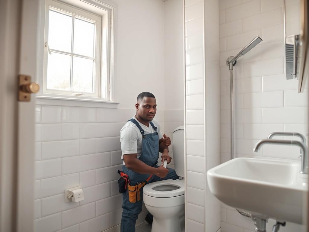 A skilled black plumber installing a toilet in a standard bathroom. The plumber is focused and actively working, wearing a tool belt and using a wrench. The bathroom features white tiles, a clean sink, and a bright, inviting atmosphere. Soft natural light streams through a window, highlighting the plumber's expertise and the quality of the installation.