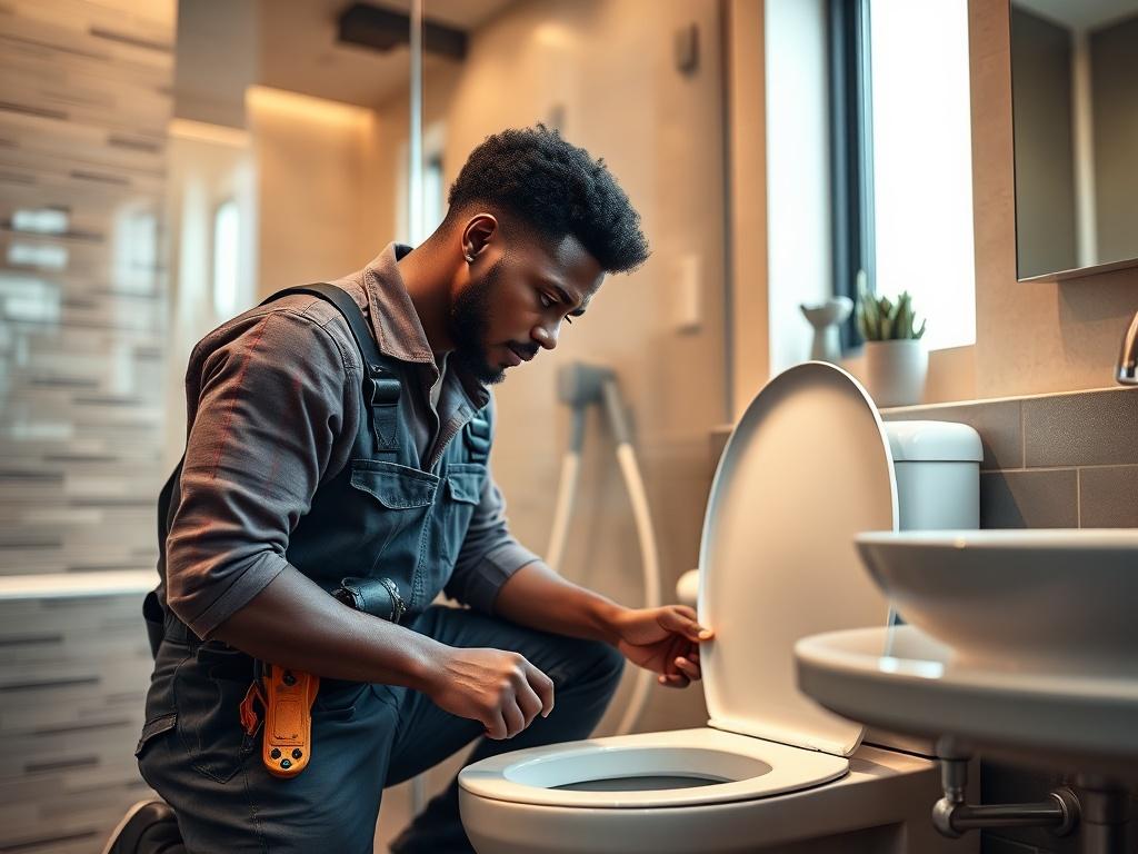 A handsome Black plumber replacing a toilet in a modern home bathroom. The plumber is focused and engaged, wearing a professional uniform with tools around him. The bathroom features sleek and contemporary design elements, such as tiled walls and a stylish sink. The lighting is warm and inviting, highlighting the plumber's skillful work. The composition should emphasize the plumber as the primary subject, with soft focus on the background elements to keep the attention on the replacement task.