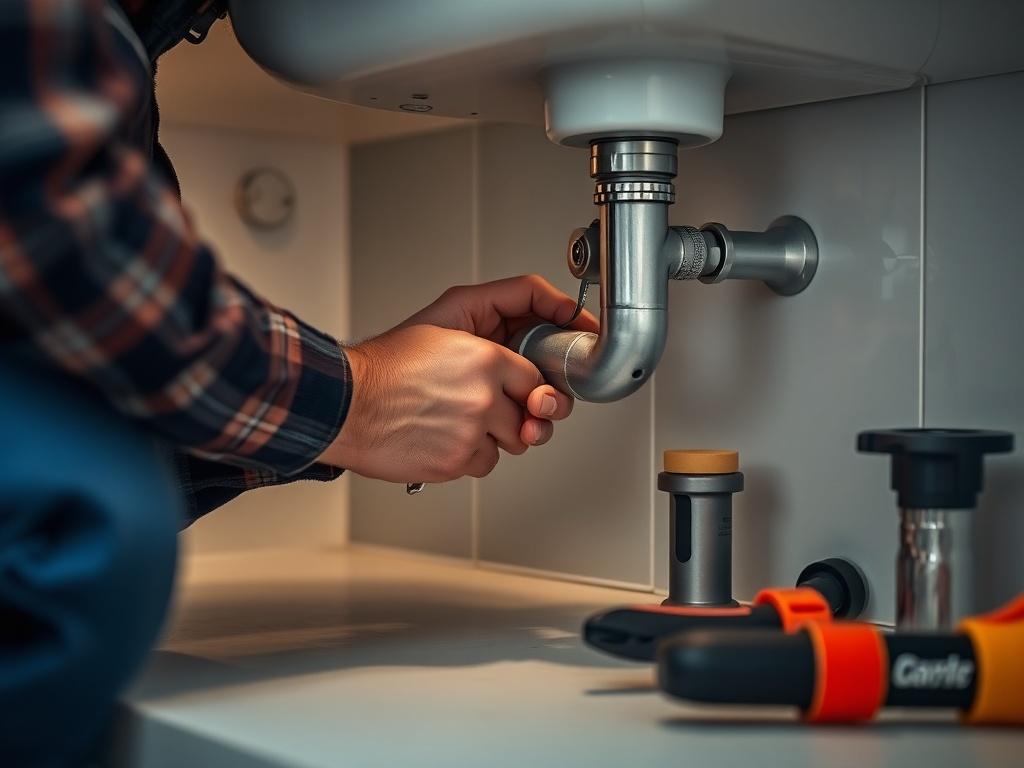 A close-up shot of a plumber repairing a leaking pipe under a kitchen sink, showcasing the plumber's hands working meticulously. The kitchen setting should be clean and modern, with tools and plumbing parts neatly arranged nearby. The image should be hyper-realistic, captured with a 45mm f/1.2 lens style.