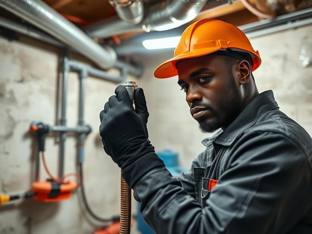 A black plumber using a drain snake in a residential basement. The plumber is focused and determined, wearing a work uniform and gloves. The scene showcases the basement with exposed pipes and a clean, organized workspace. The lighting is bright and emphasizes the professionalism of the job. The background should include a few tools and plumbing equipment, highlighting a practical and efficient environment.