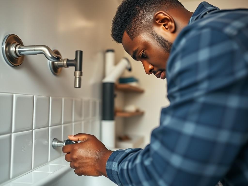 A close-up shot of a skilled Black plumber installing a modern plumbing fixture in a residential bathroom. The plumber is focused and using tools, with a clear view of the fixture being installed. The background shows a clean, organized workspace with plumbing supplies neatly arranged, highlighting professionalism. The lighting is bright, emphasizing the plumber's expertise and attention to detail.