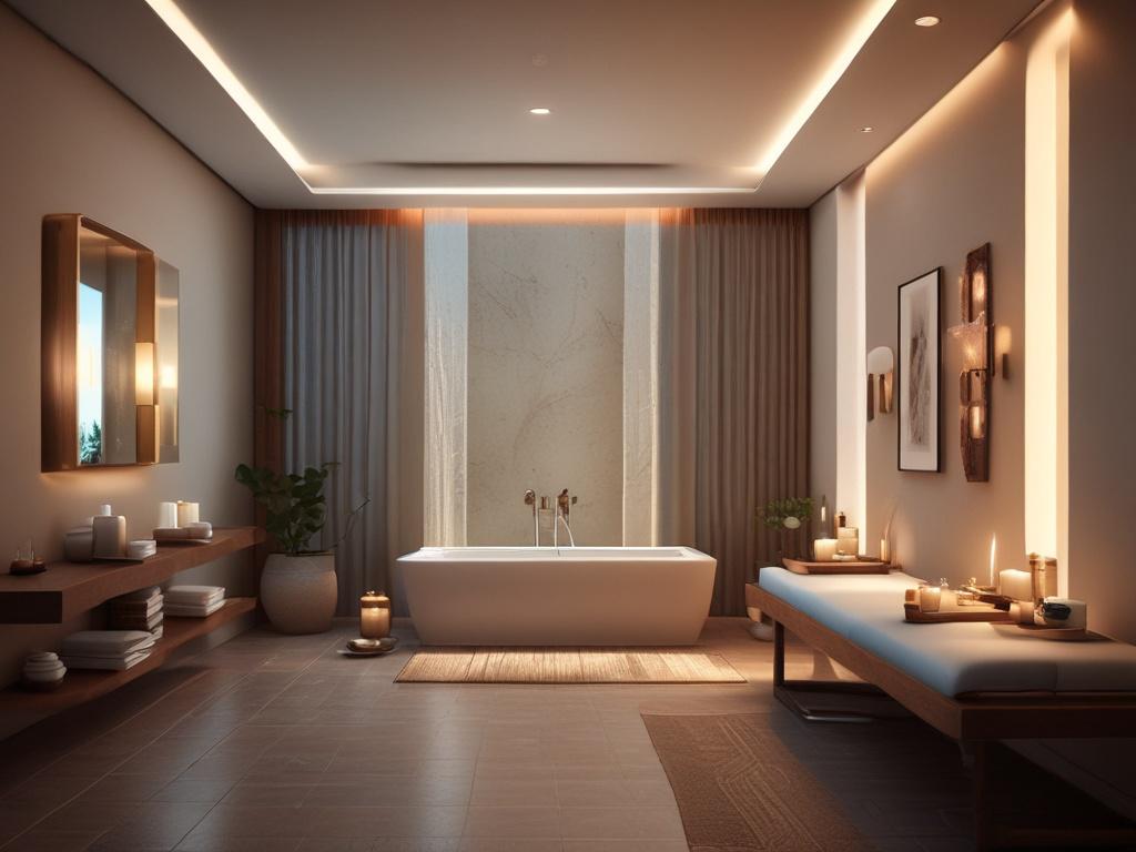 A serene massage room with soft lighting and aromatic candles