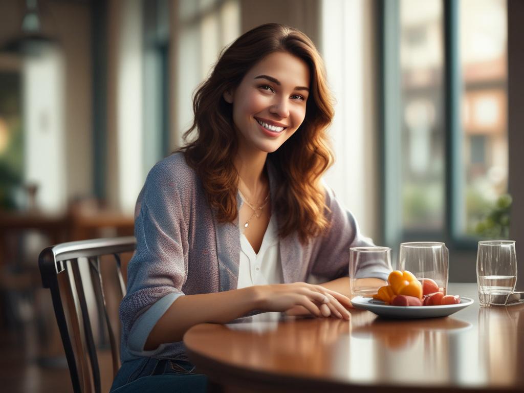 A lovely woman in casual yet stylish attire, sitting at