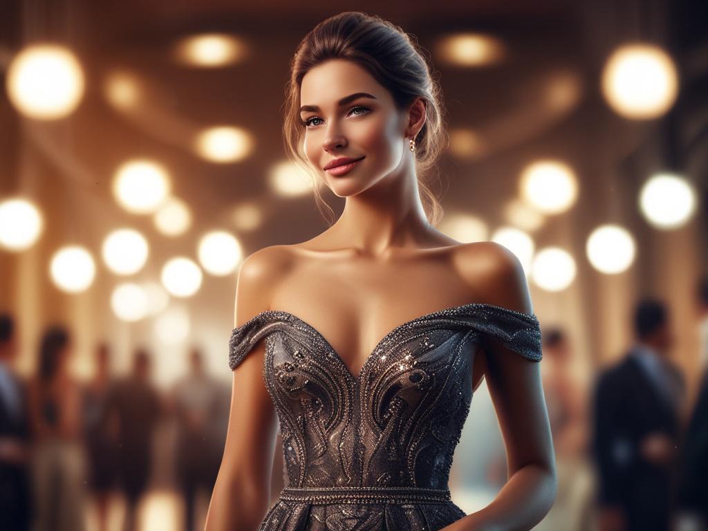 A stunning woman in an elegant evening gown, standing confidently