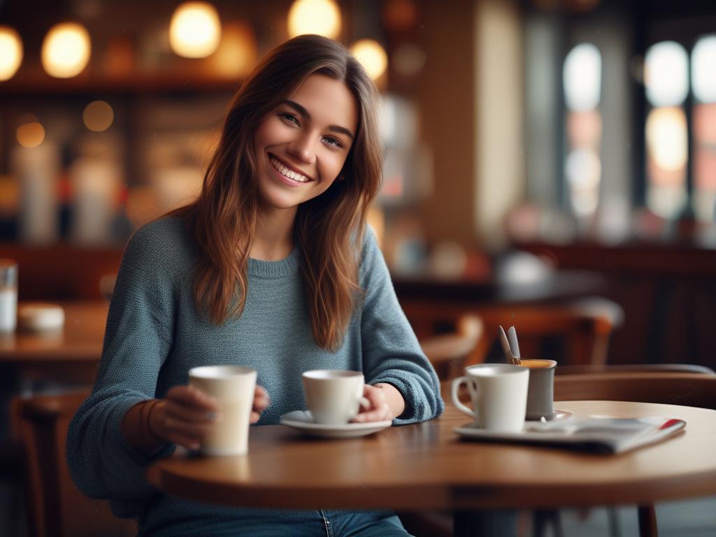 A beautiful young woman in casual attire, smiling and looking