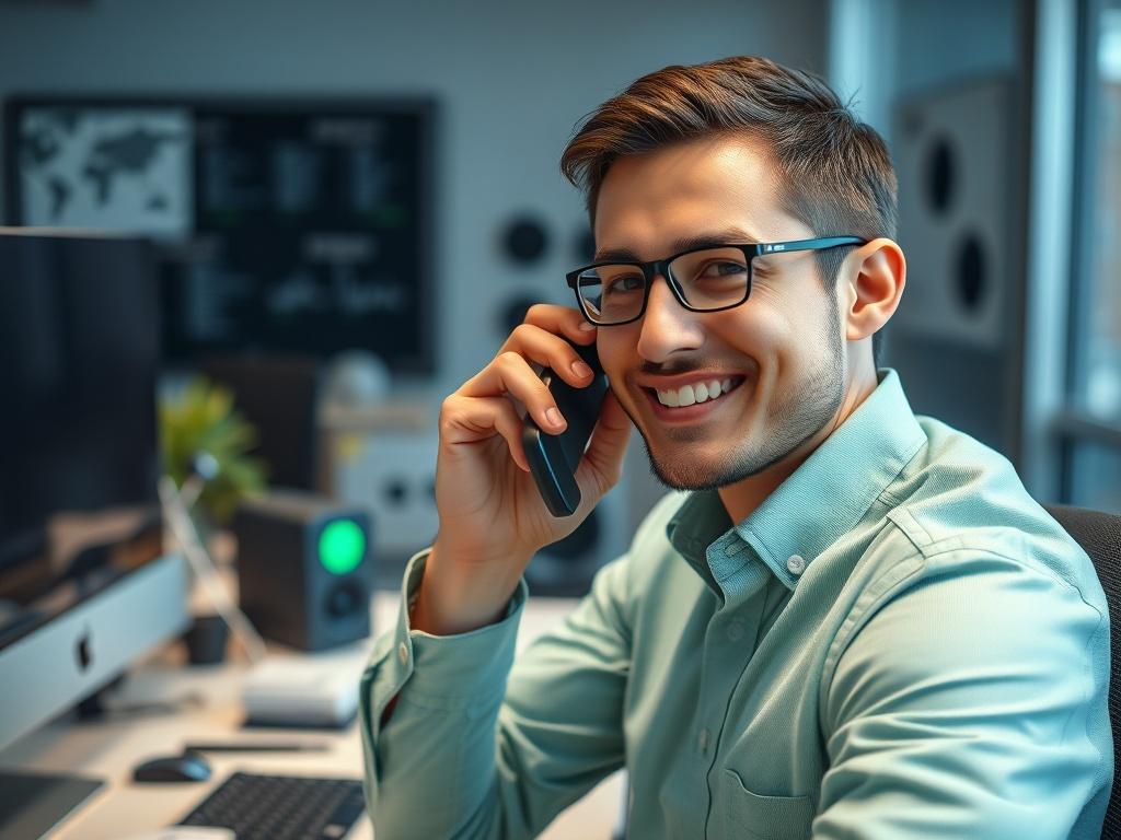 A close up shot of a friendly technician on a