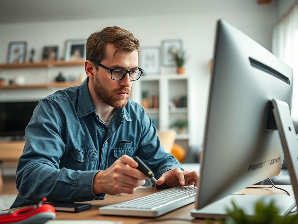 A close up shot of a technician examining a computer
