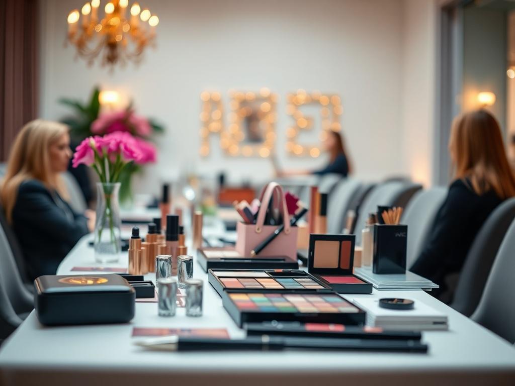 A high-resolution close-up shot of a beauty seminar setting, featuring an elegant presentation setup with a sophisticated ambiance. The focus should be on a beautifully arranged table with makeup products, color swatches, and stylish accessories. The background should be softly blurred, highlighting the inviting atmosphere of the seminar. The color scheme should incorporate the primary color rgb(208, 152, 173), creating a harmonious and appealing visual.