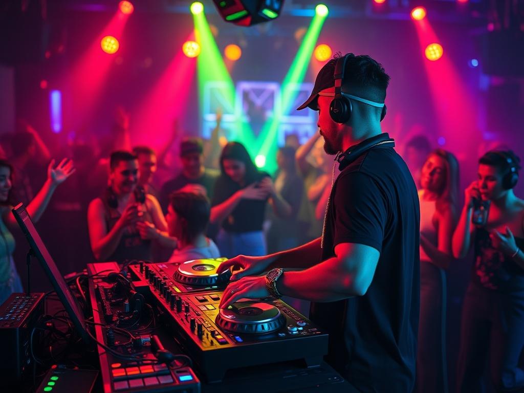 A striking, high-resolution image of DJ Kruza in action at a vibrant event. The DJ is positioned behind a professional DJ setup with turntables and mixers, surrounded by colorful LED lights that enhance the energetic atmosphere. The background features a lively crowd dancing, with expressions of joy and excitement. The focus is on the DJ, showcasing concentration and passion for music, while the vibrant colors and dynamic lighting create an engaging and lively scene.