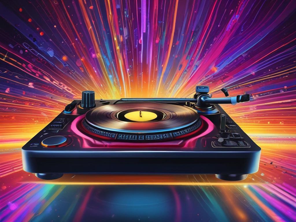 A vibrant, high resolution image of a DJ mixing music