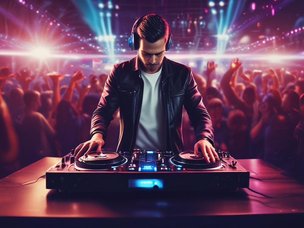 A professional DJ in action at an event, surrounded by