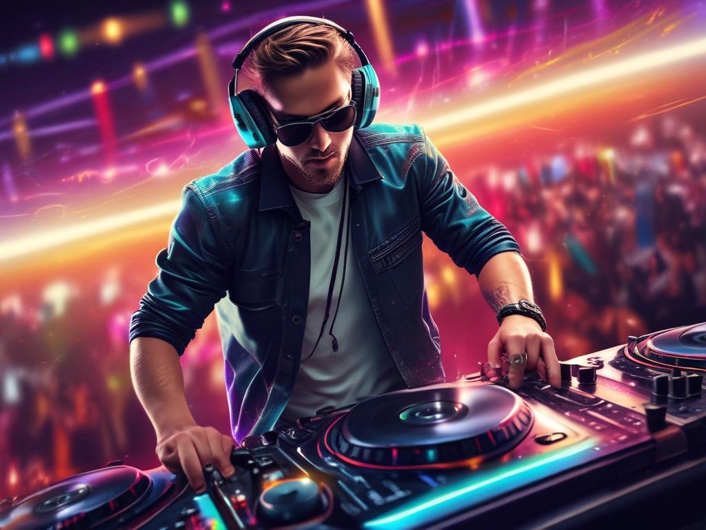 A high-resolution photo of DJ Kruza in action, performing at a vibrant party scene. The DJ is energetically mixing tracks, surrounded by colorful lights and an enthusiastic crowd. The background features a sleek DJ booth with modern equipment. The overall atmosphere is lively, showcasing a sense of fun and excitement. The color palette prominently includes bold vibrant colors, particularly green (rgb(50, 170, 39)), enhancing the dynamic feel of the event.