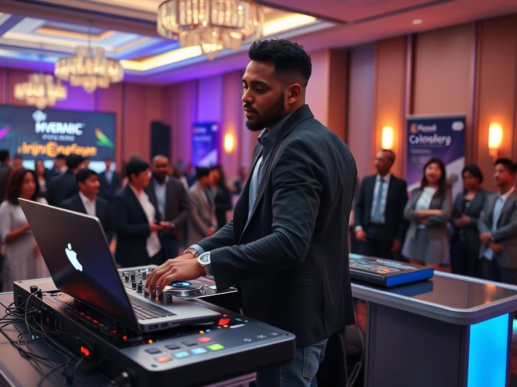 A professional DJ performing at a corporate event, dressed in smart casual attire including a blazer, shirt, and stylish jeans. He stands behind a sleek DJ console complete with a laptop, mixers, and speakers. The backdrop features an elegant event space with ambient lighting and corporate banners or decorations. A small crowd of professionally dressed attendees can be seen enjoying the music. The atmosphere is modern, polished, and professional with cinematic lighting, rendered in high-quality digital art 