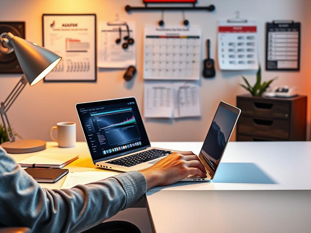 A modern desk setup featuring a focused and professional DJ event planning consultant typing on a single MacBook Pro. The desk is clean and organized, with a notebook and a pen placed neatly beside the laptop. In the background, there are booking sheets and a calendar hanging on the wall, emphasizing the meticulous planning process for an upcoming DJ event. Subtle music-themed decor adds a touch of creativity to the workspace. The scene is rendered in a realistic digital art style, with cinematic lighting t