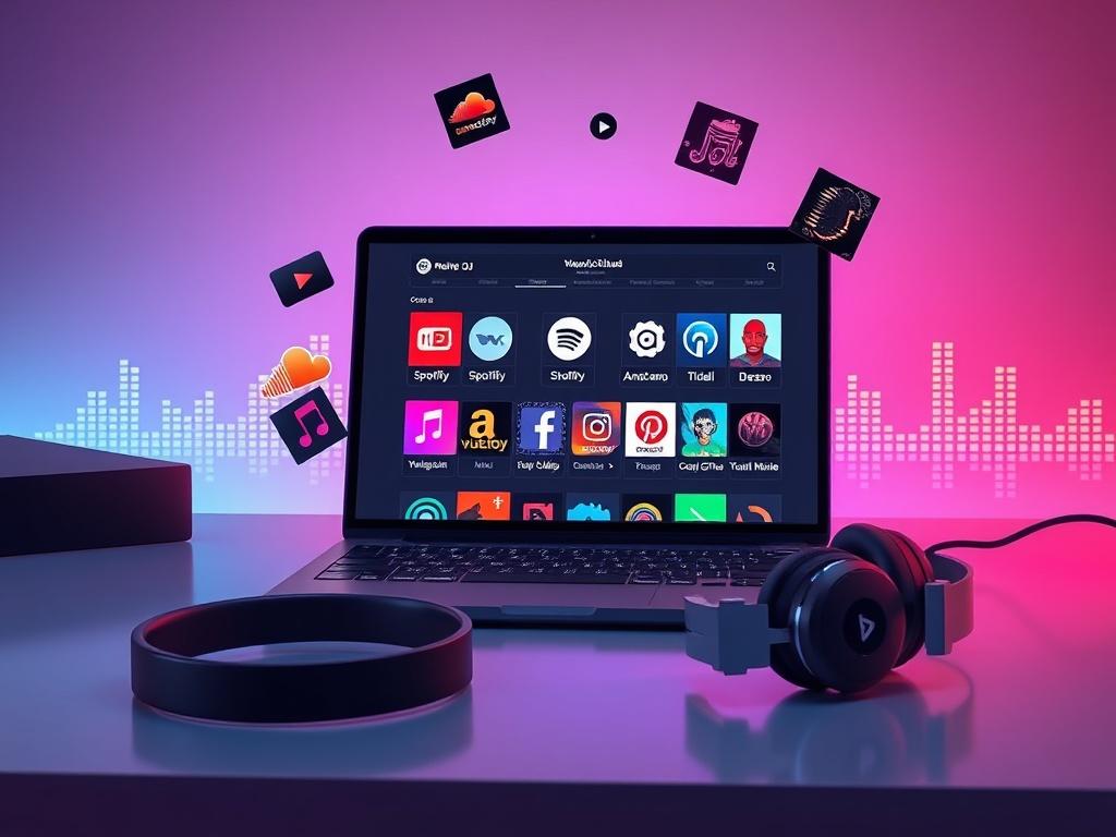 A vibrant digital music setup showcasing a DJ's online mixes. A sleek laptop or tablet displays stylized icons for YouTube, SoundCloud, Spotify, Apple Music, Amazon Music, Tidal, Bandcamp, Deezer, and Serato. Floating mix thumbnails and album covers hover around the device. Headphones rest nearby, with colorful sound waves and glowing audio visualizer effects in the background. The scene features a minimal, modern desk and is rendered in a bright and energetic digital art style. The atmosphere is profession