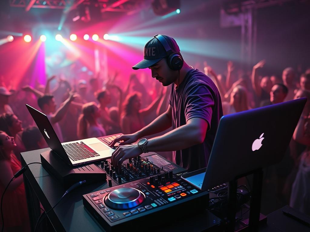 A Puerto Rican DJ actively mixing on a Pioneer REV7 DJ controller, wearing a backwards hat and headphones, with hands adjusting faders and knobs. A MacBook Pro is placed on a separate laptop stand to the side of the DJ table. The scene captures a lively club atmosphere with a crowd all around dancing, cheering, and enjoying the music. The background features vibrant LED and stage lighting, with smoke or haze effects creating dynamic reflections that highlight both the DJ and the audience. The artwork should