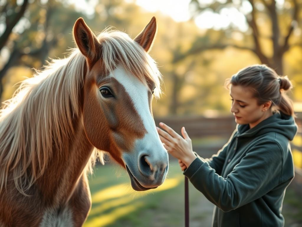 A serene scene featuring a participant gently grooming a pony in a tranquil outdoor setting. The pony is calm and well-groomed, with a beautiful mane and soft eyes. The background includes a peaceful stable with soft sunlight filtering through trees, creating a warm and inviting atmosphere. The participant is focused and engaged, showcasing a sense of responsibility and connection with the animal, embodying emotional regulation and routine.