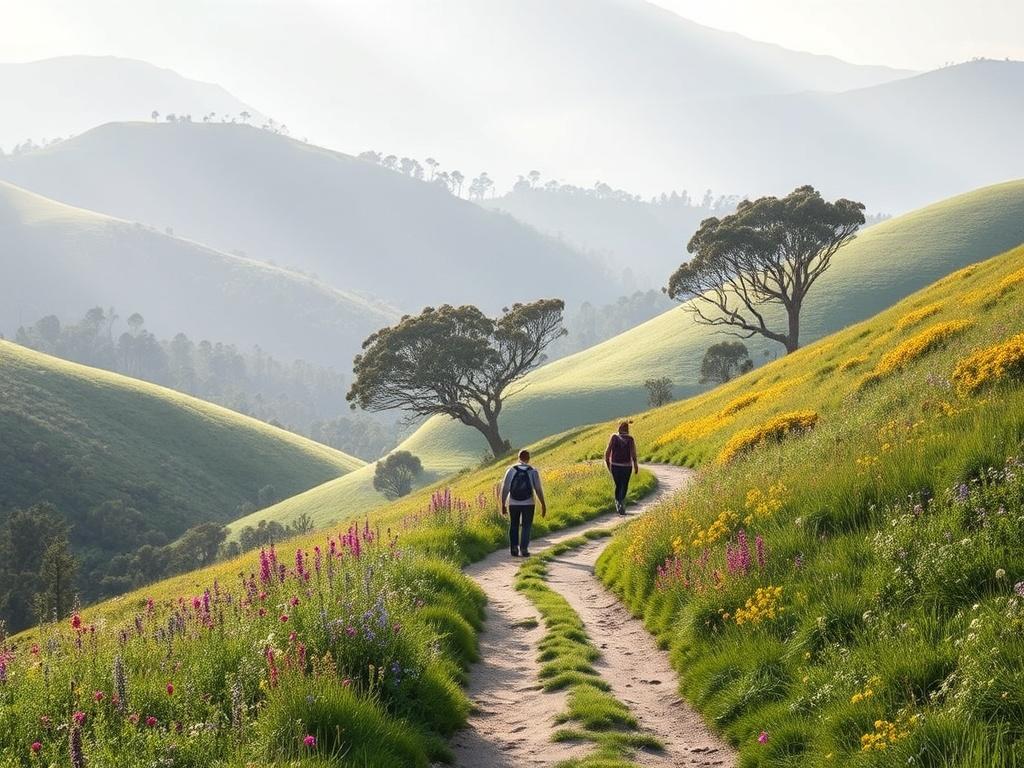 A serene landscape of the Berridale Tasmania hinterlands, featuring lush green hills and tranquil pathways. The scene should depict a single person walking along a gentle trail, surrounded by vibrant wildflowers and soft sunlight filtering through the trees. The atmosphere should evoke a sense of calm and peace, inviting the viewer to connect with nature. The composition should be simple and clear, focusing on the beauty of the natural surroundings.