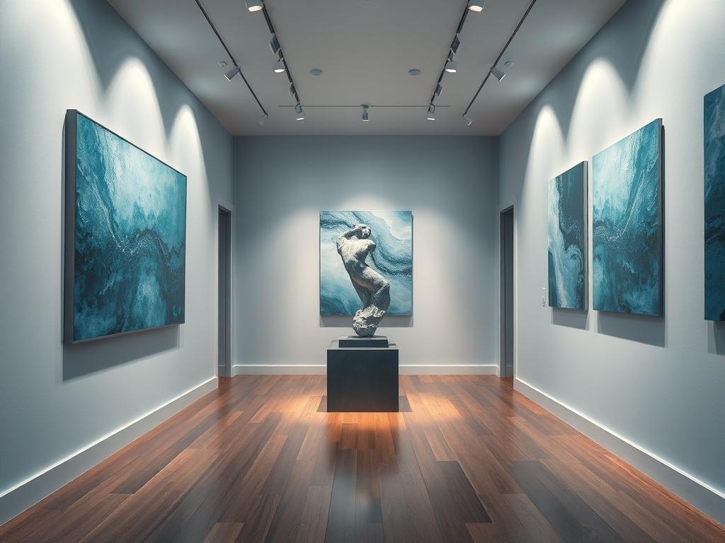 Create a high-resolution image of a serene art gallery setting featuring a single elegant sculpture displayed prominently in the center. The walls should be adorned with beautiful abstract paintings in cool tones, primarily rich blues and soft grays. The lighting is soft and inviting, casting gentle shadows that highlight the artwork. The floor is polished wood, adding warmth to the cool-toned environment. The atmosphere should evoke a sense of calm and inspiration, perfect for a modern art gallery.