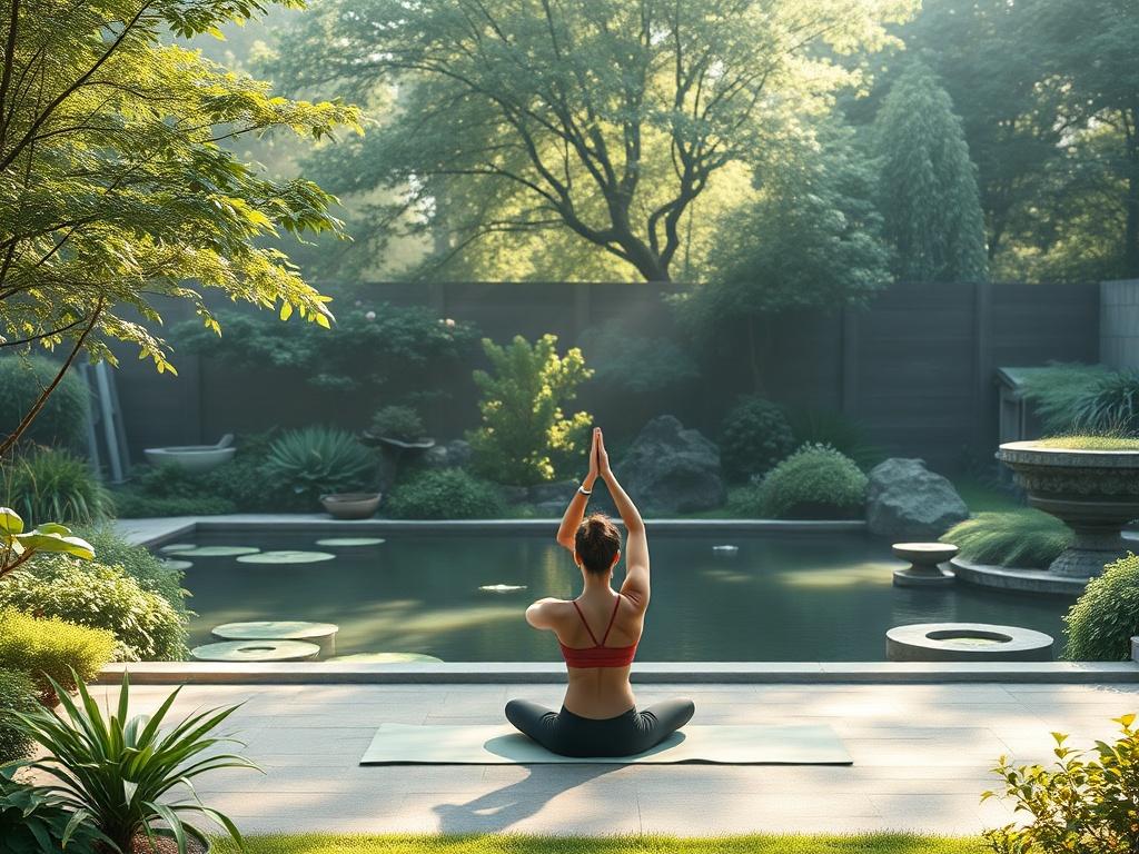 A serene garden setting with a single person practicing yoga