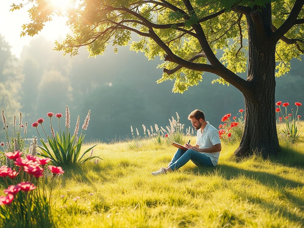 A peaceful outdoor setting with a single person sketching in