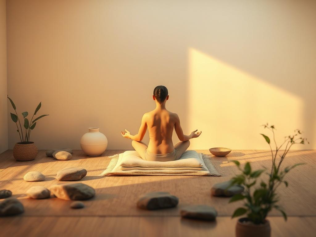 A tranquil meditation space featuring a single individual meditating on