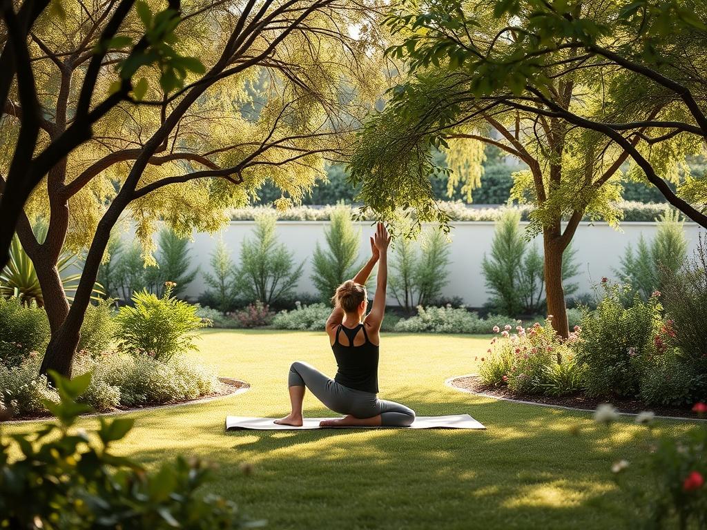 A tranquil outdoor setting featuring a person practicing Pilates in