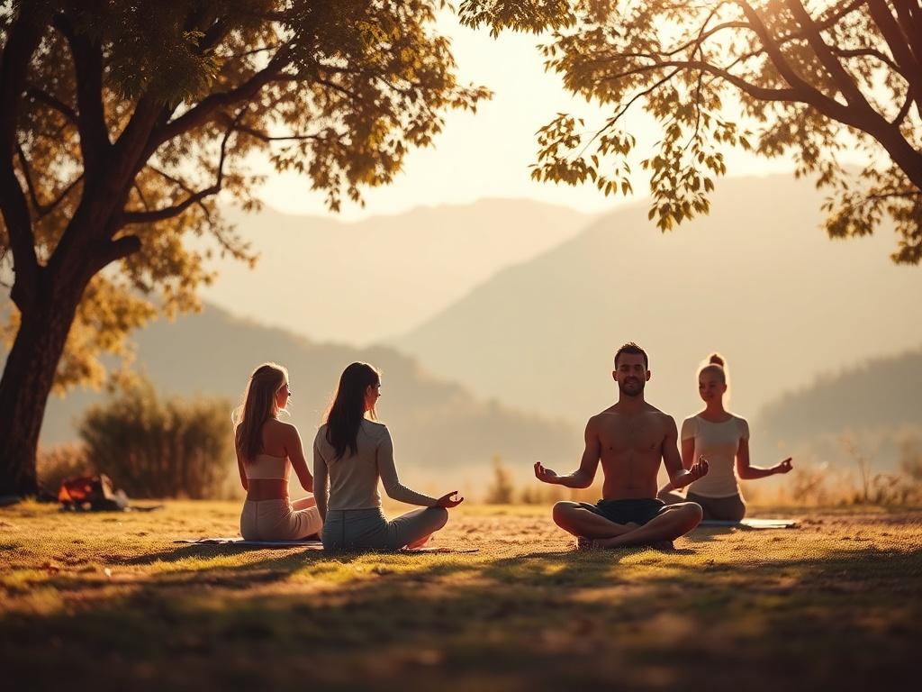 A serene meditation scene depicting a group of individuals engaged
