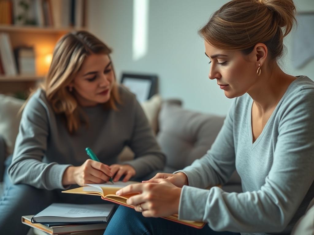 A close up of a counselor and client working together